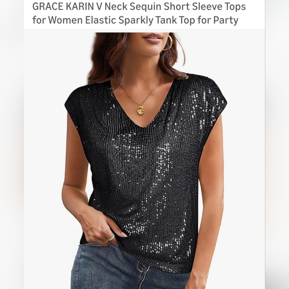 Grace Karin Tops - Grace Karin Black V-Neck Sequin Cap Sleeve Top. W-10